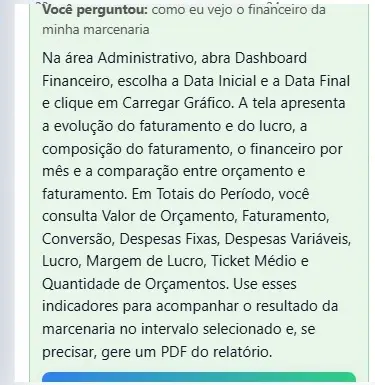 Resposta real do Assistente COE explicando o Dashboard Financeiro