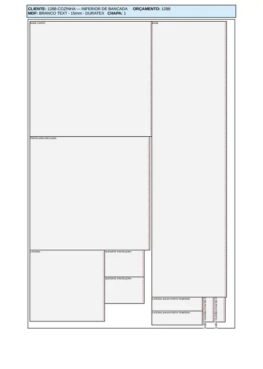 Plano de corte em PDF de uma chapa, com as peças nomeadas