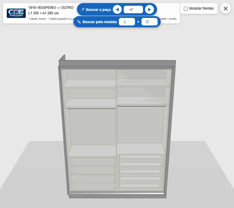 O desenho 3D que o sistema fez desse croqui (sem as portas, para ver o interior)