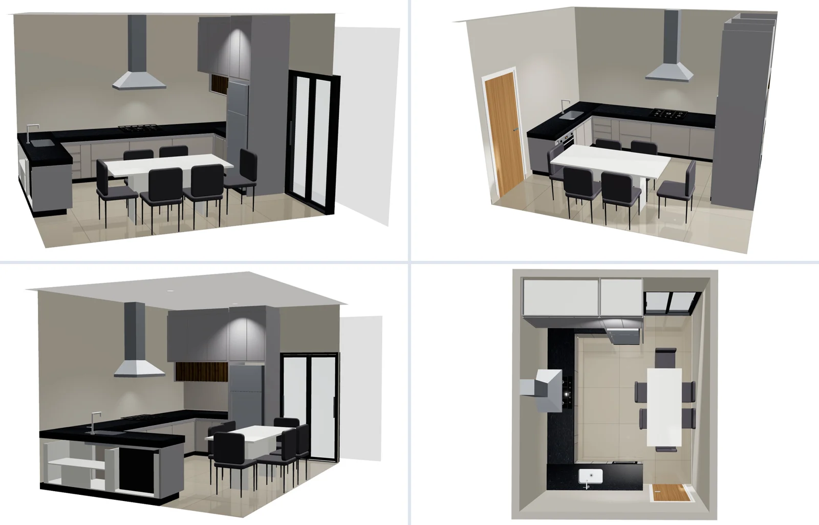 A mesma cozinha montada no Ambiente 3D, com os móveis calculados pelo sistema, no modo apresentação