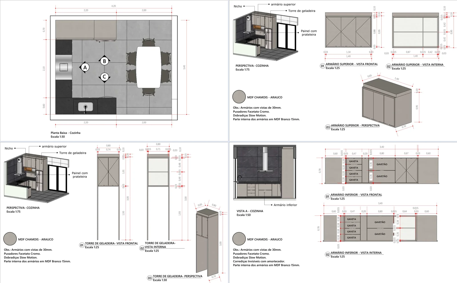O projeto do arquiteto: a planta da cozinha, o armário superior, a torre da geladeira e o armário inferior, com as medidas