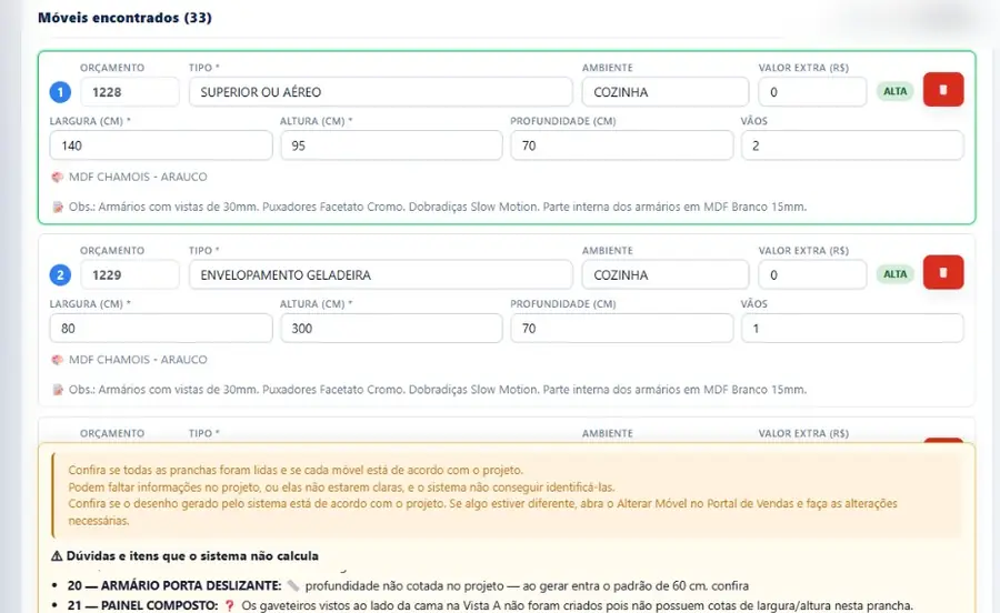 O Leitor de Projetos encontra cada móvel, com as medidas