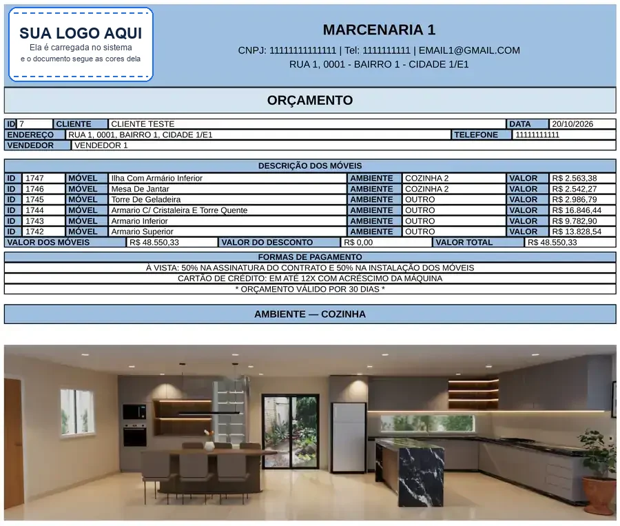 Orçamento em PDF do CLIENTE TESTE com a lista de móveis e a imagem do ambiente da cozinha