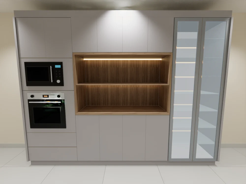O mesmo móvel em 3D, feito pelo sistema, com o forno e o micro-ondas no Ambiente 3D